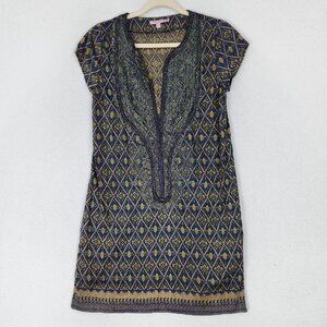 Calypso St Barth Dress Womens XS Blue Gold Fran Silk Embellished Tunic Boho
